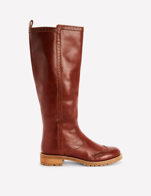 Brogue Detail Knee Boots-Tan