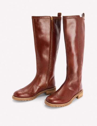 Brogue Detail Knee Boots-Tan