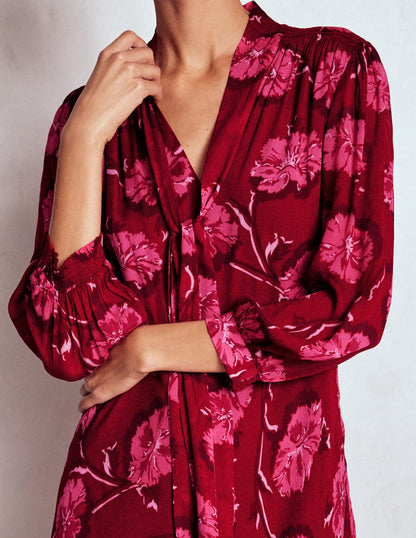 Brooke Tie Neck Tea Dress-Cranberry Red, Delicate Vine