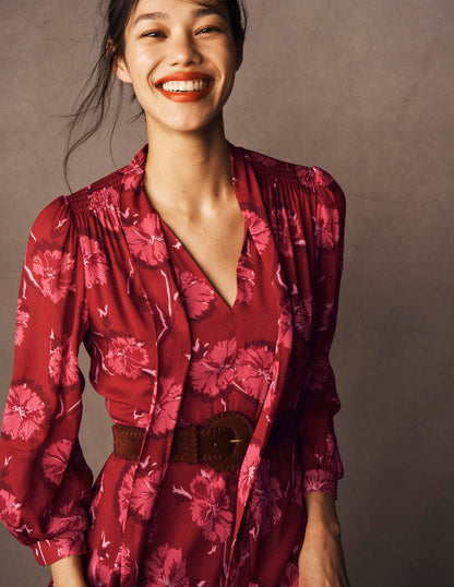 Brooke Tie Neck Tea Dress-Cranberry Red, Delicate Vine