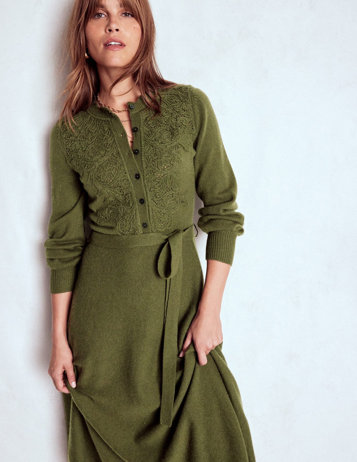 Lace Insert Knitted Midi Dress-Forest Glade