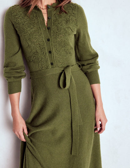 Lace Insert Knitted Midi Dress-Forest Glade