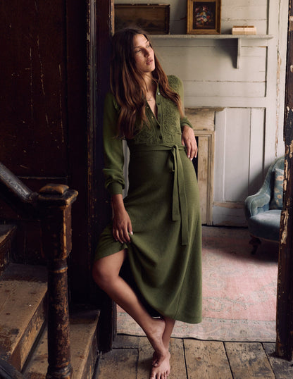 Lace Insert Knitted Midi Dress-Forest Glade