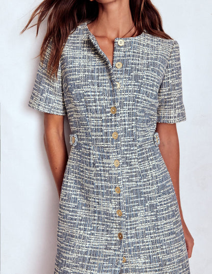 Textured Tab Short Dress-Blue and White Texture