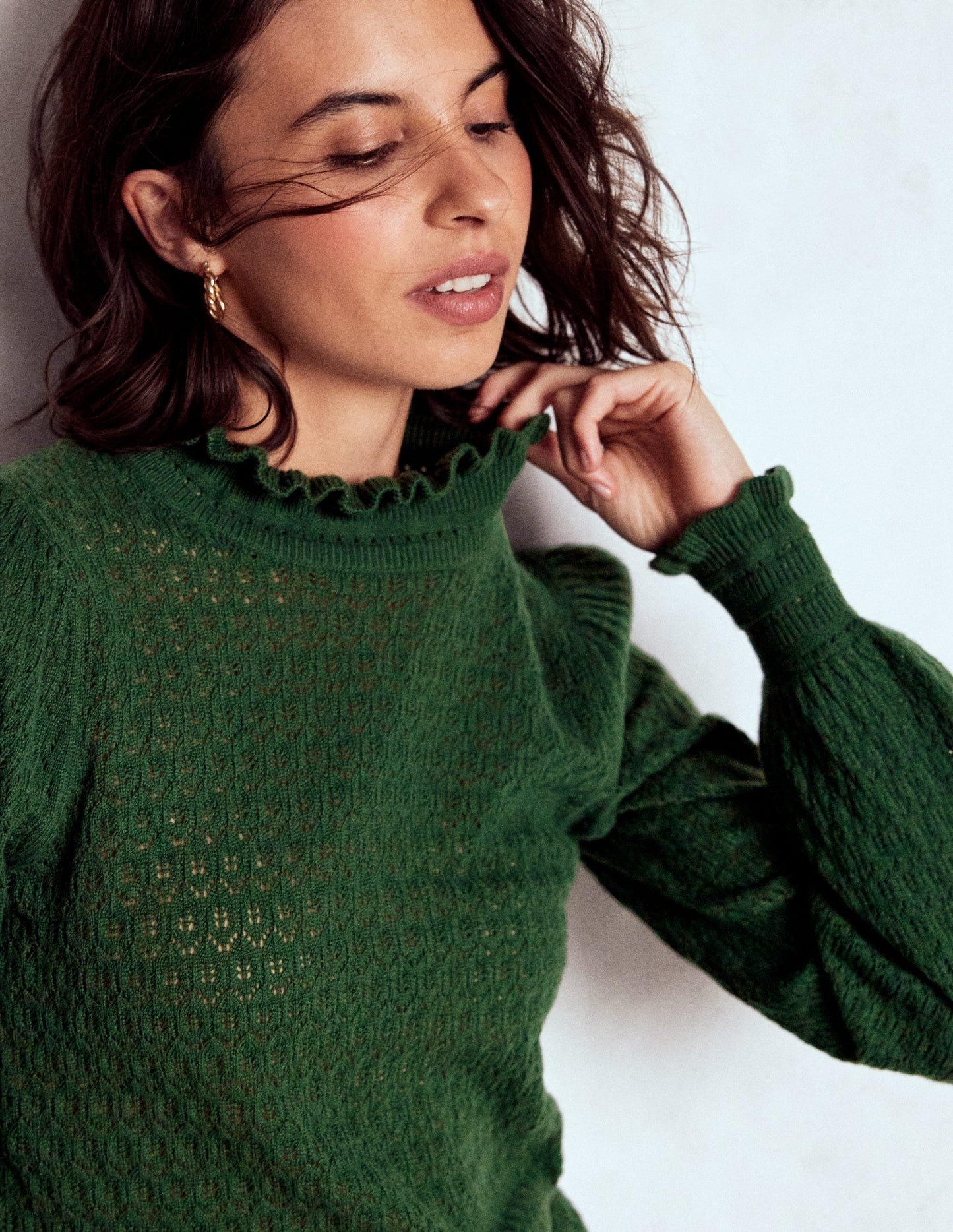 Pointelle Ruffle Sweater-Hunter Green