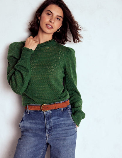 Pointelle Ruffle Sweater-Hunter Green