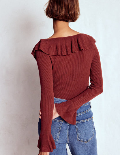 Ruffled Rib Henley Sweater-Chestnut