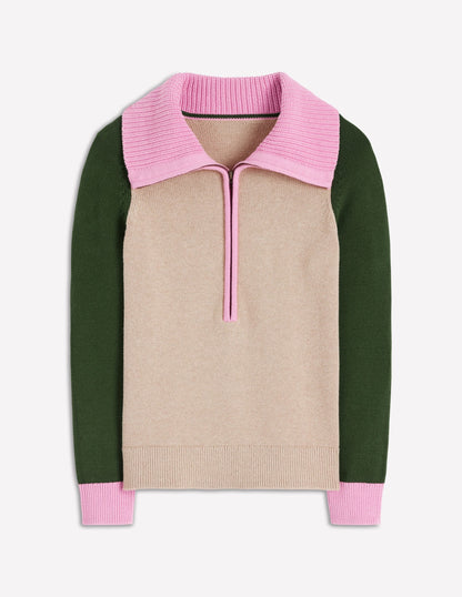 Lucy Half Zip Sweater-Chinchilla Melange, Green Fir