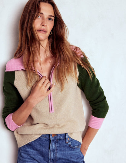 Lucy Half Zip Sweater-Chinchilla Melange, Green Fir