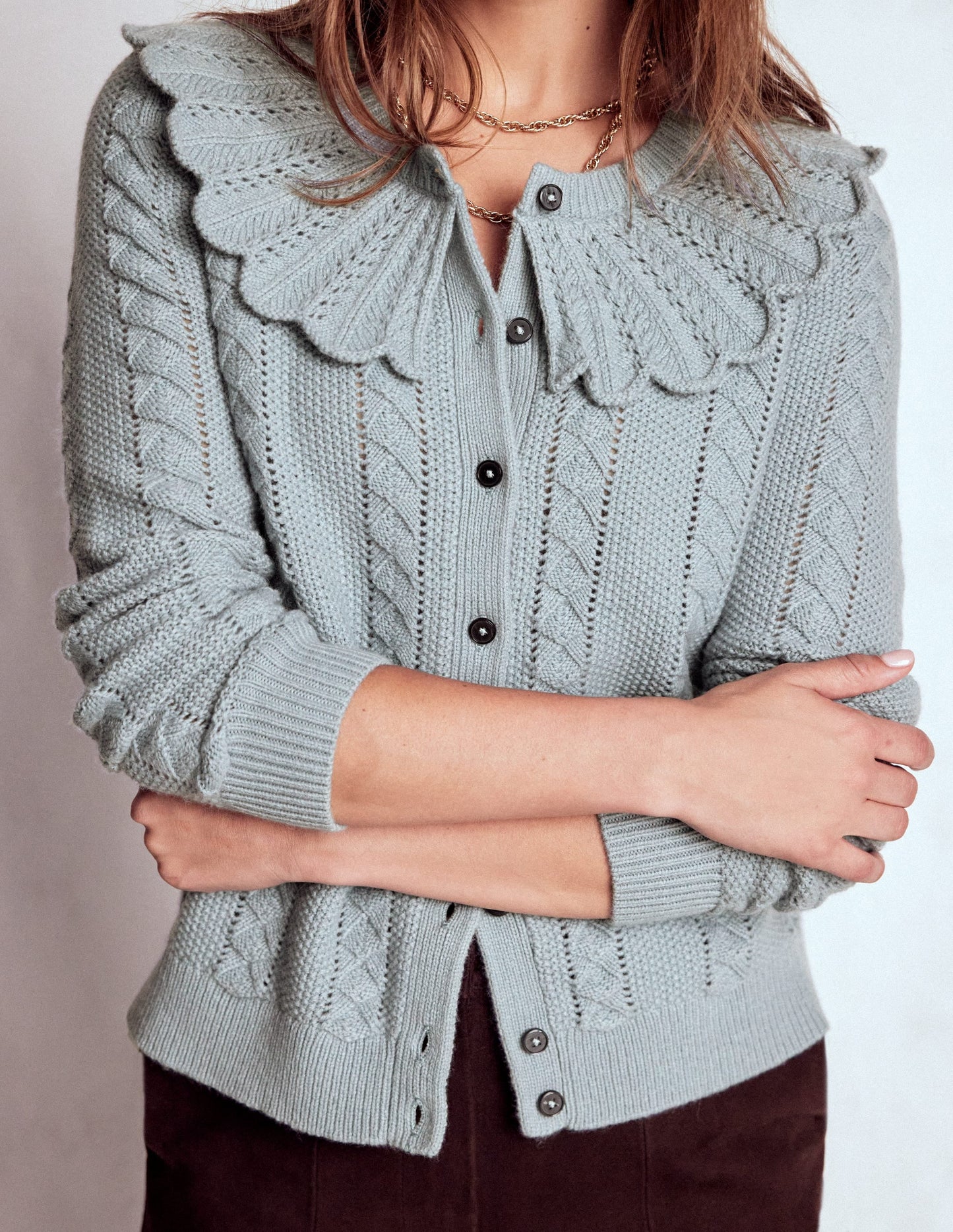 Scallop Collar Cardigan-Seamist Blue Melange