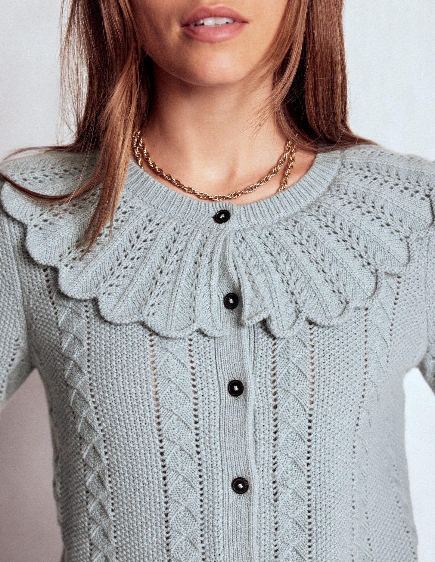 Scallop Collar Cardigan-Seamist Blue Melange