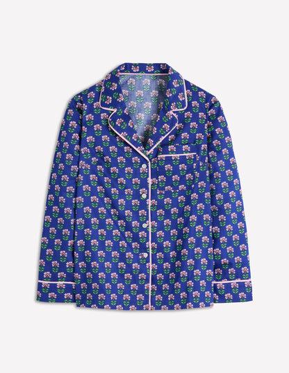 Cotton Pajama Shirt-Bright Blue, Woodblock Flower
