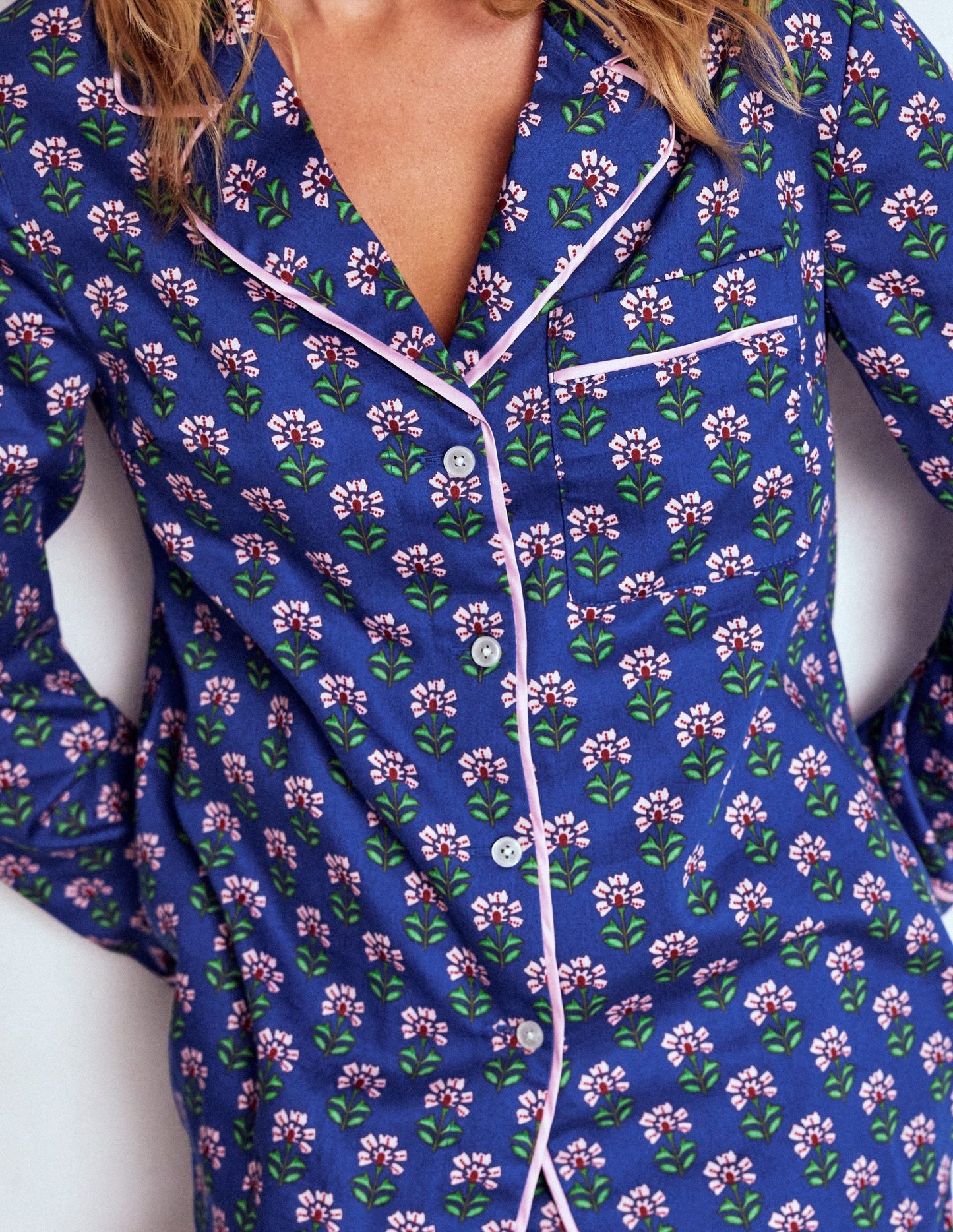 Cotton Pajama Shirt-Bright Blue, Woodblock Flower
