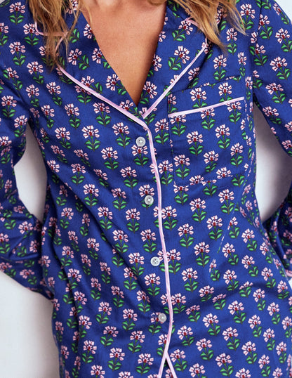 Cotton Pajama Shirt-Bright Blue, Woodblock Flower