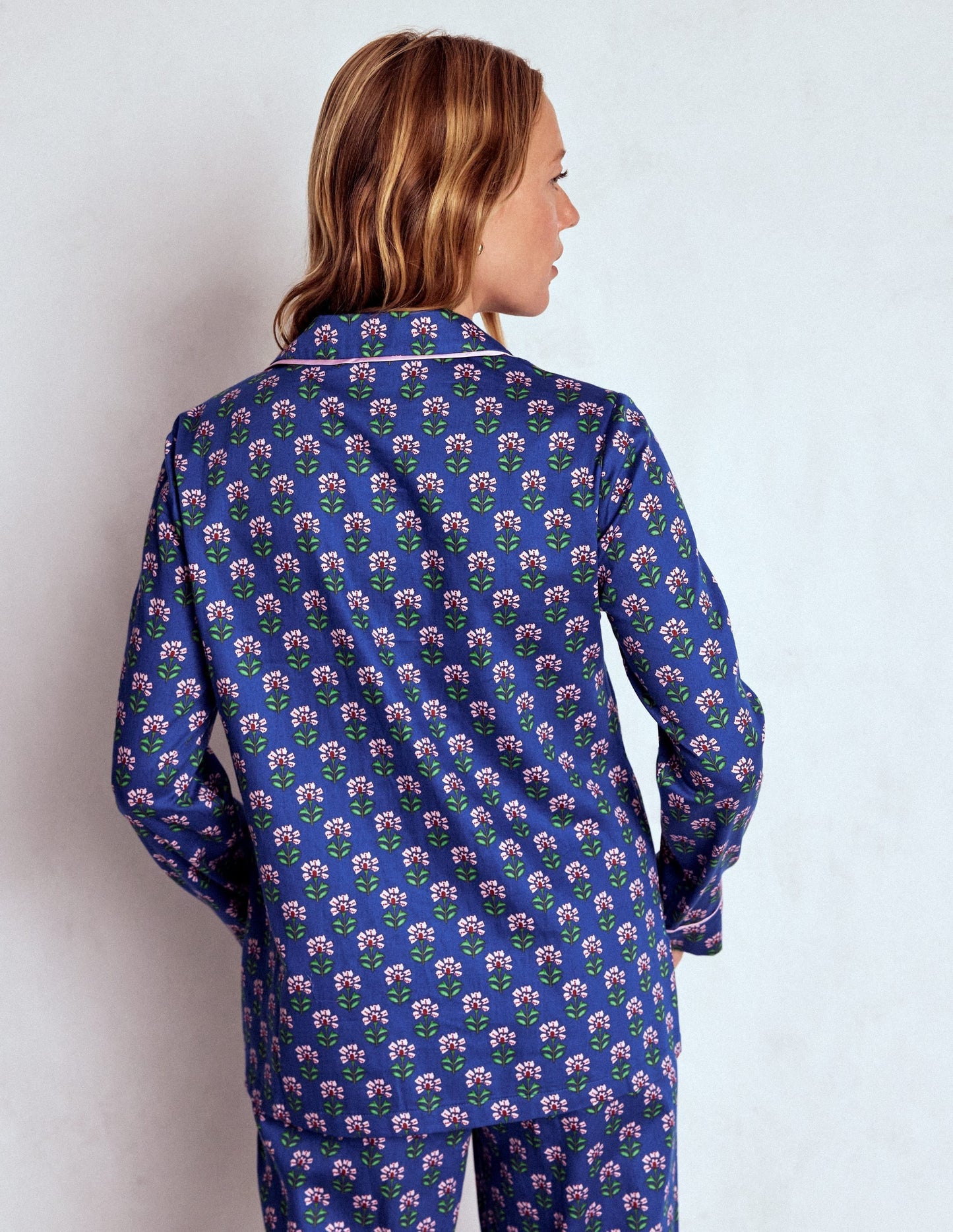 Cotton Pajama Shirt-Bright Blue, Woodblock Flower