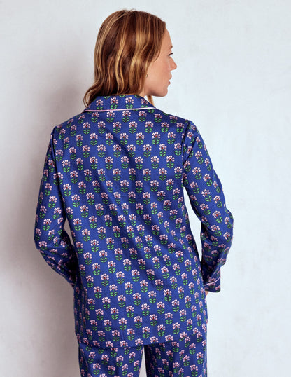 Cotton Pajama Shirt-Bright Blue, Woodblock Flower