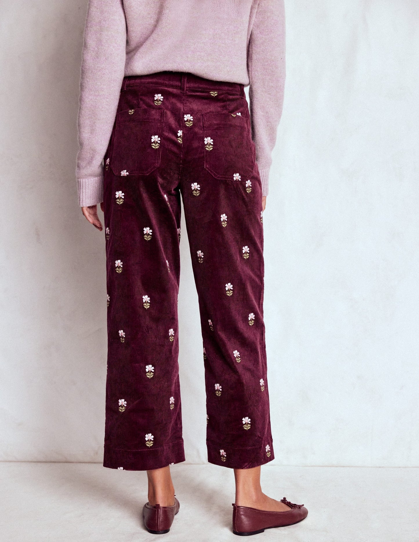 Primrose Cord Pants-Dark Cherry Embroidery