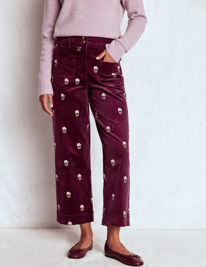 Primrose Cord Pants-Dark Cherry Embroidery