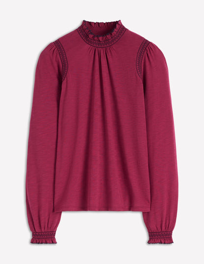 Tia Smocked Neck Jersey Top-Ruby Red