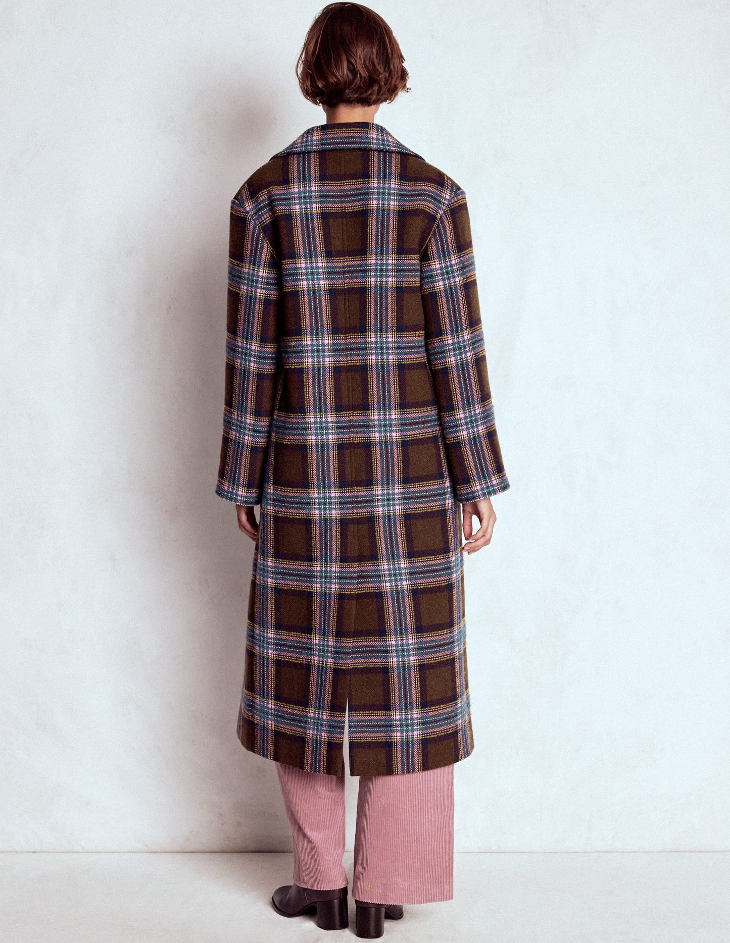 Cocoon Wool Coat-Brown, Teal and Pink Check