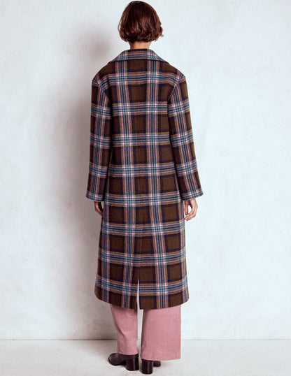 Cocoon Wool Coat-Brown, Teal and Pink Check