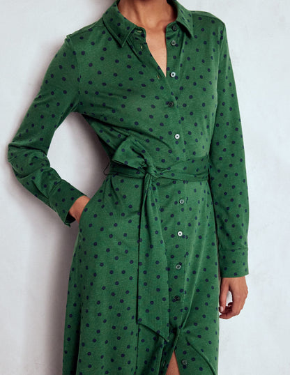 Marcia Jersey Shirt Dress-Hunter Green, Painted Dot