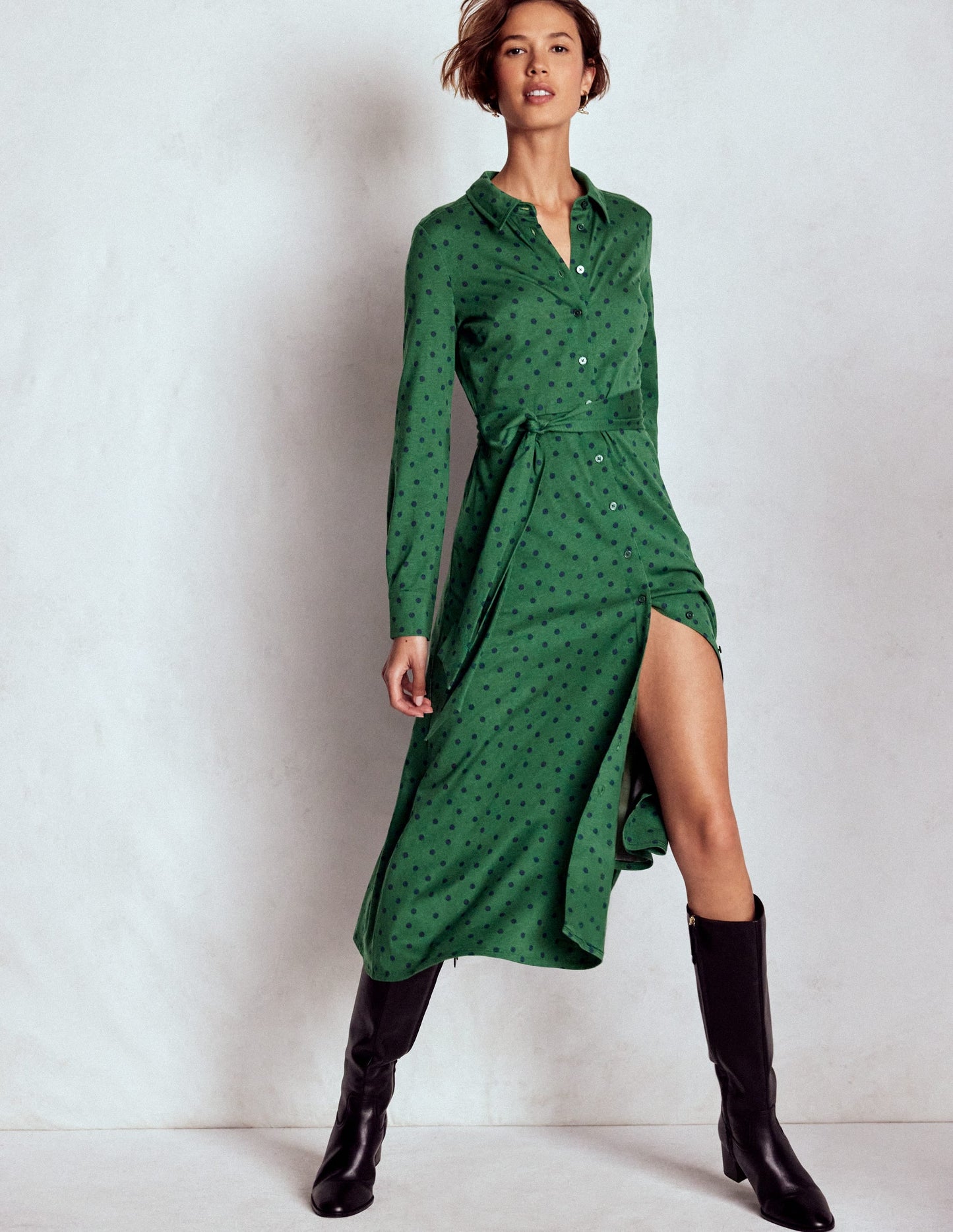Marcia Jersey Shirt Dress-Hunter Green, Painted Dot