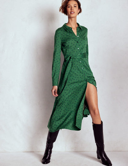 Marcia Jersey Shirt Dress-Hunter Green, Painted Dot