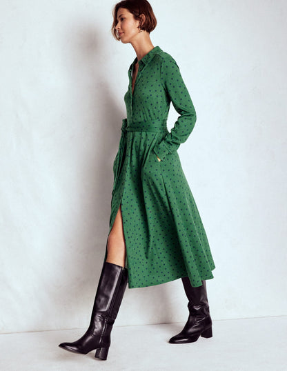 Marcia Jersey Shirt Dress-Hunter Green, Painted Dot