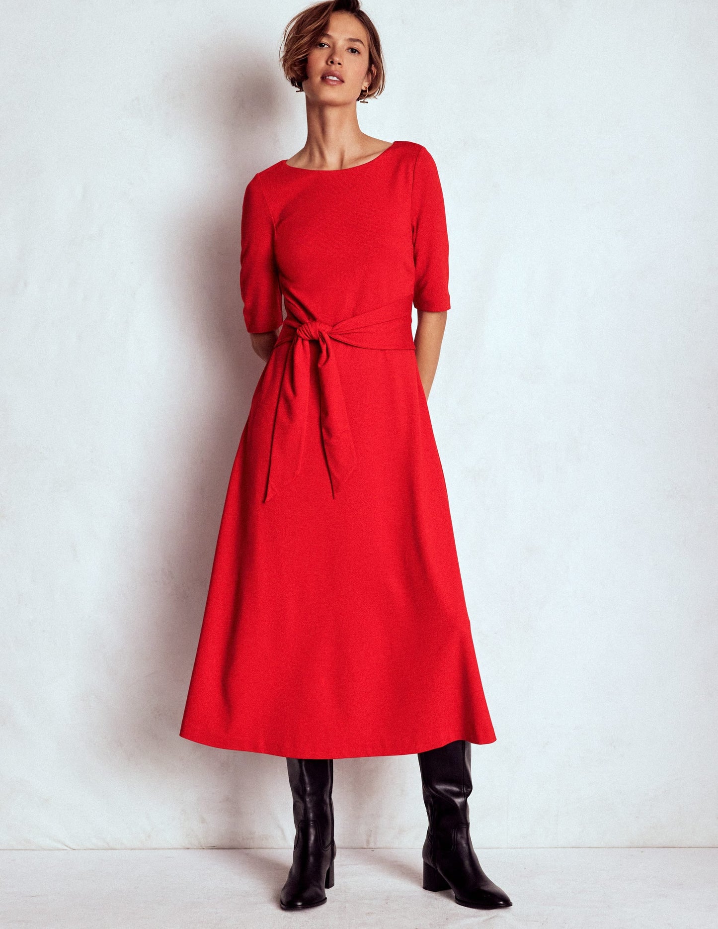 Mathilde Tie Waist Ponte Dress-Spicy Red