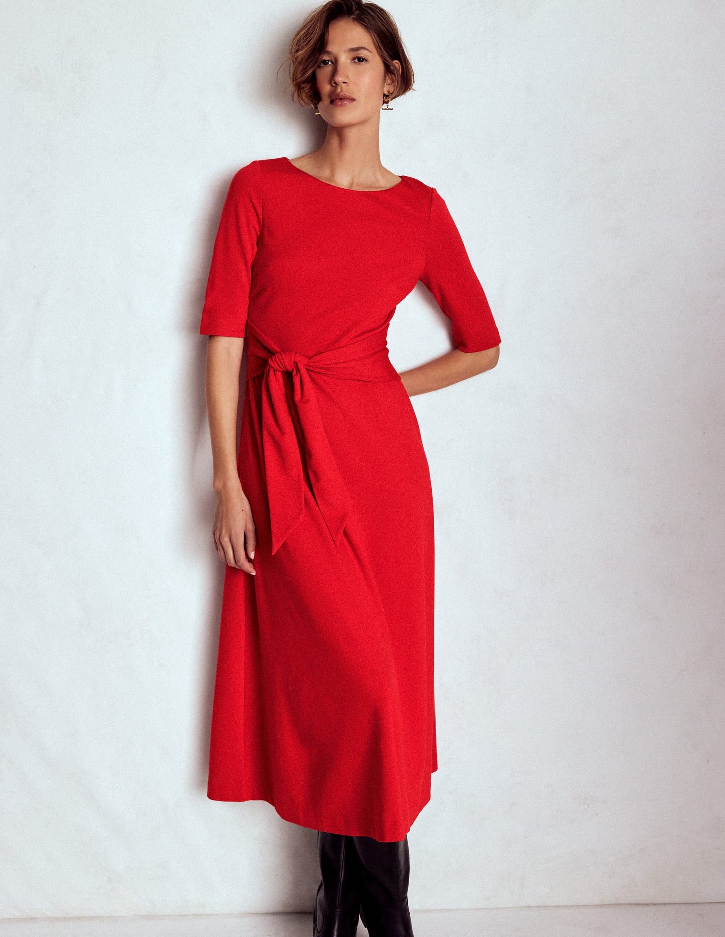 Mathilde Tie Waist Ponte Dress-Spicy Red