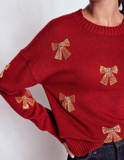 Natalie Embroidered Sweater-Red, Embellished Bows