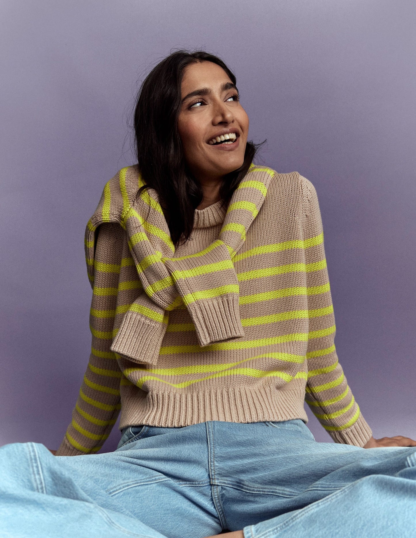 Lucy Chunky Cotton Sweater-Camel Melange, Neon Stripe