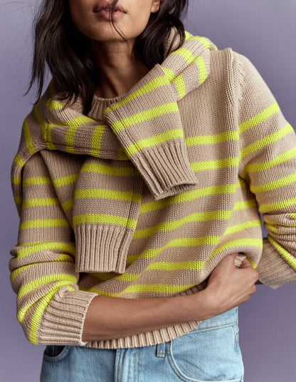 Lucy Chunky Cotton Sweater-Camel Melange, Neon Stripe