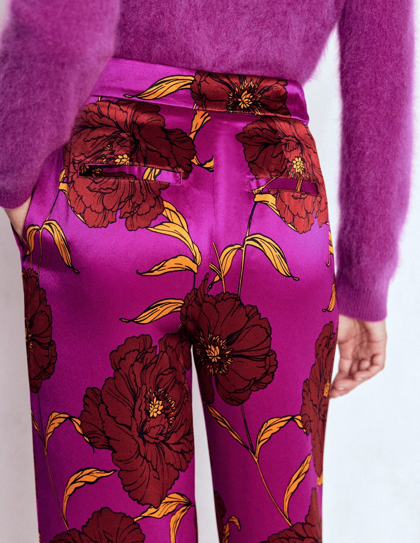Faux Feather Trim Pants-Regal Purple, Peony Bloom