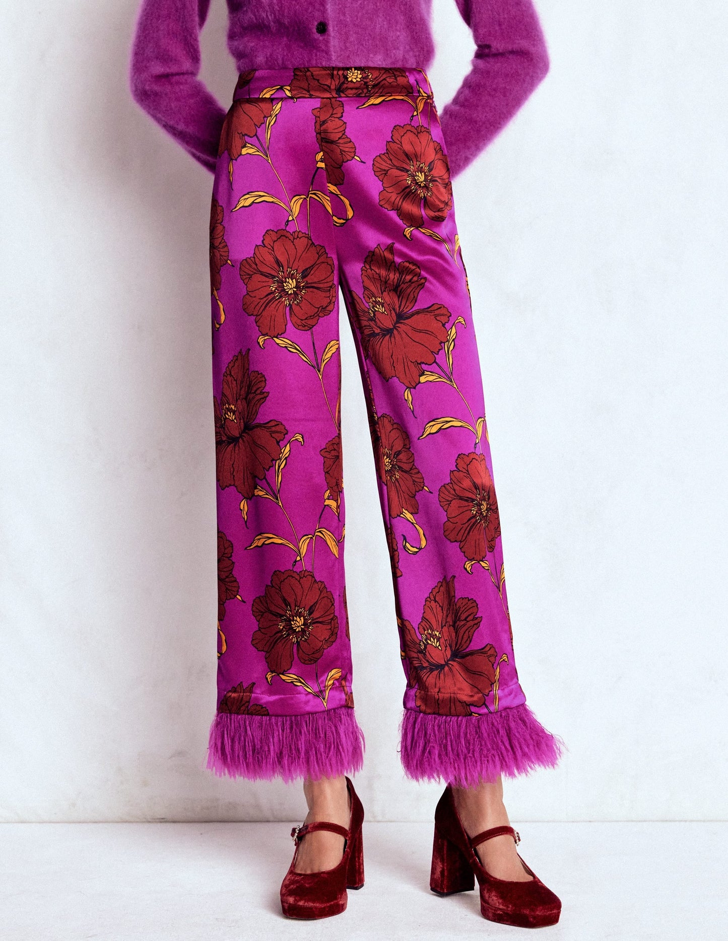 Faux Feather Trim Pants-Regal Purple, Peony Bloom