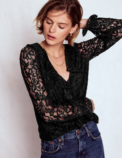 Ruffle Detail Lace Blouse-Black