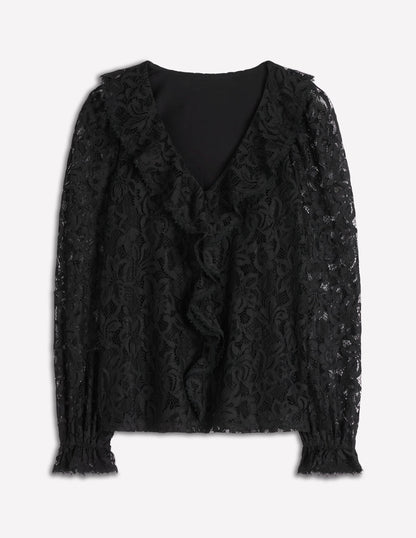 Ruffle Detail Lace Blouse-Black