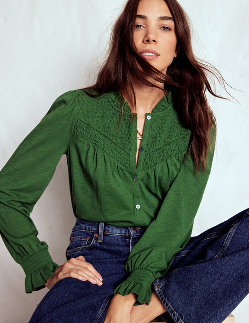 Smocked Yoke Jersey Shirt-Woodland Green