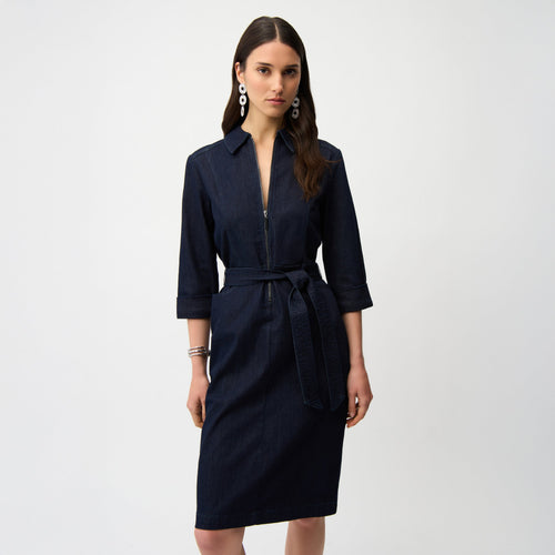 Joseph Ribkoff Denim Dress With Half Zip and Belt