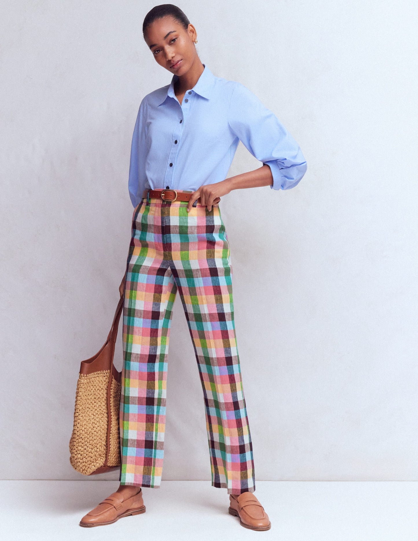 Canonbury 7/8 Linen Pants-Soft Yellow, Pink Multigingham