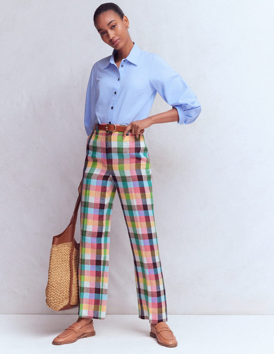 Canonbury 7/8 Linen Pants-Soft Yellow, Pink Multigingham