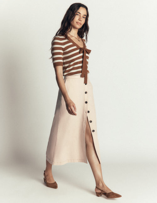 Val Button Denim Midi Skirt-Ecru
