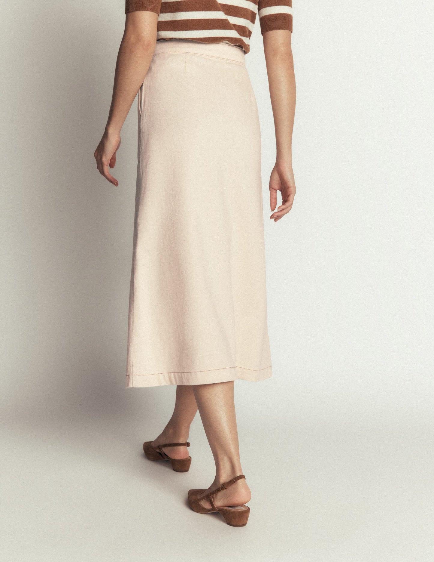 Val Button Denim Midi Skirt-Ecru