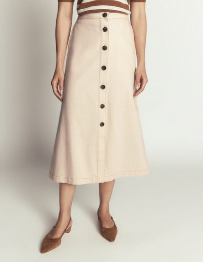 Val Button Denim Midi Skirt-Ecru