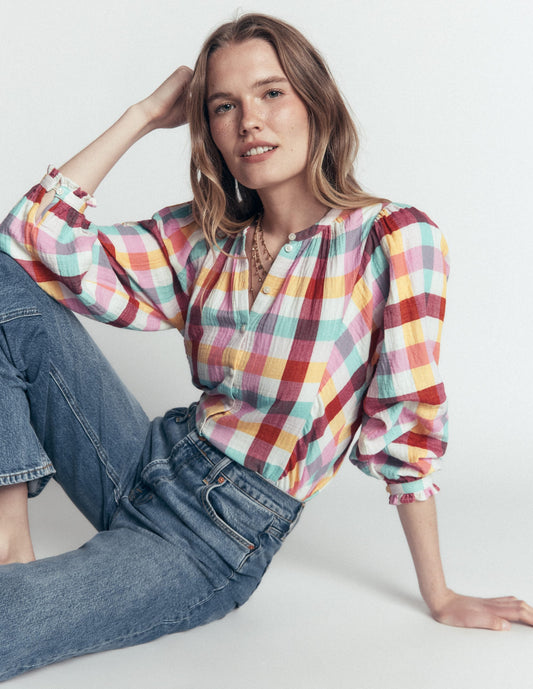 Camille Double Cloth Top-Ivory, Pink, Red Multi Gingham