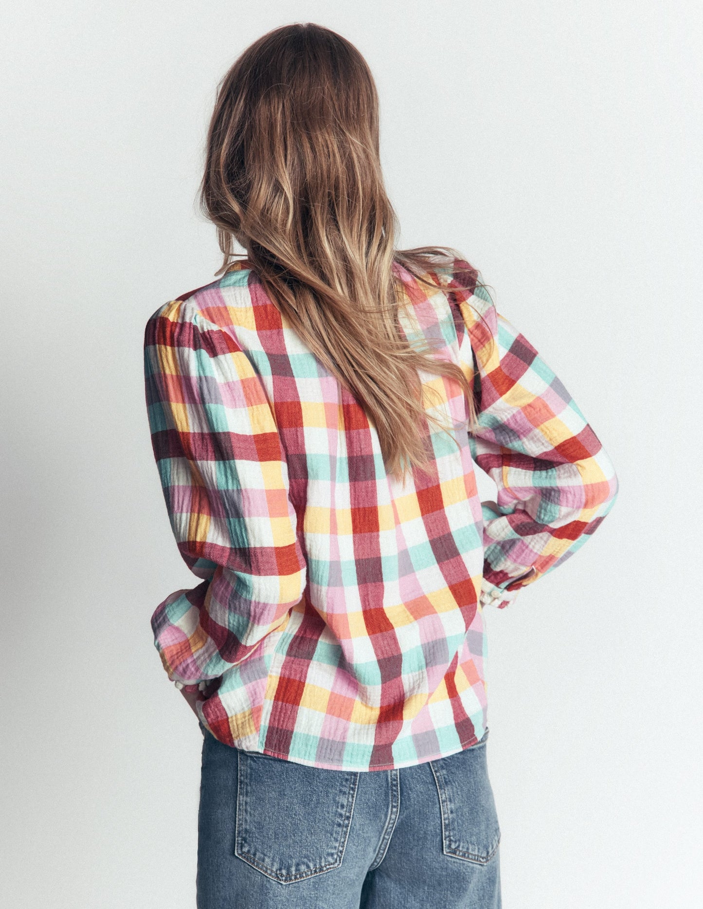 Camille Double Cloth Top-Ivory, Pink, Red Multi Gingham