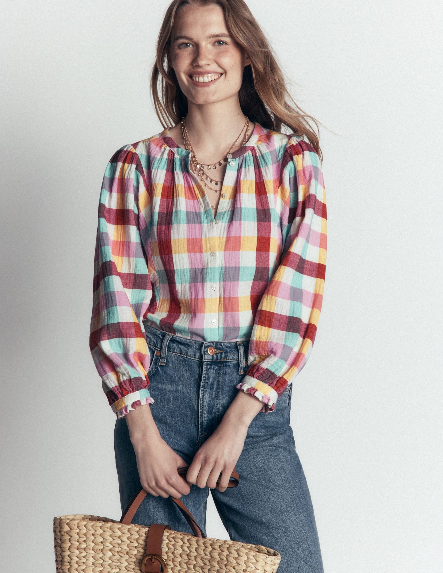 Camille Double Cloth Top-Ivory, Pink, Red Multi Gingham
