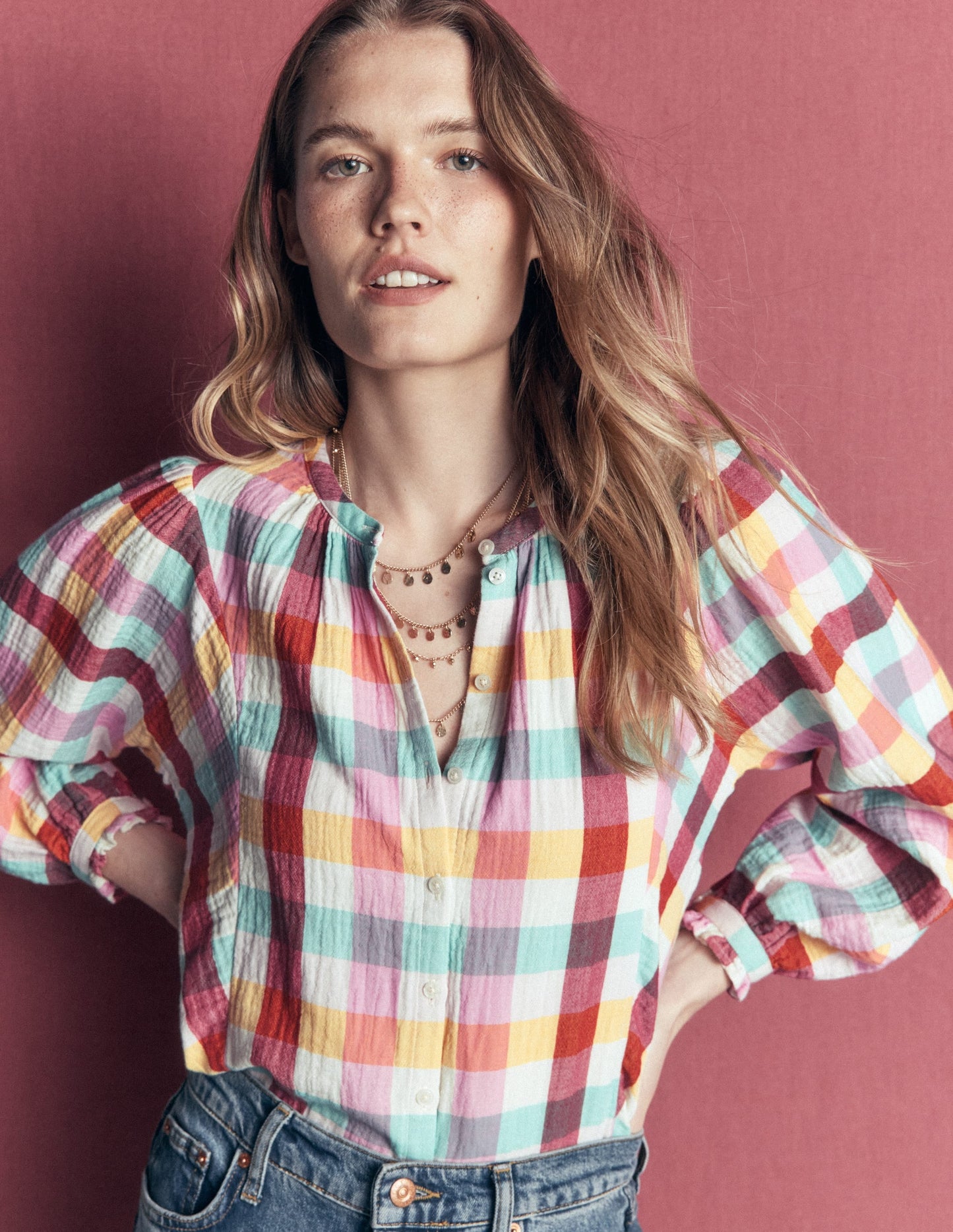 Camille Double Cloth Top-Ivory, Pink, Red Multi Gingham