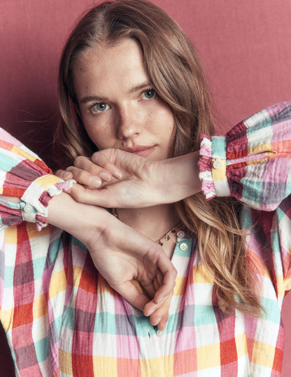 Camille Double Cloth Top-Ivory, Pink, Red Multi Gingham